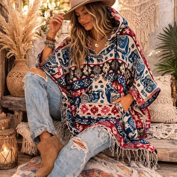 Elephant Print Woven Hooded Boho Poncho | Festival Artwear Fringe Beach Layer - Picture 3 of 14